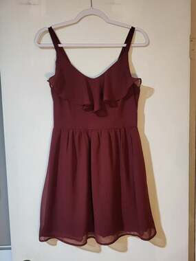 Bar III Burgundy Chiffon Ruffle Front V-Neck Mini Dress